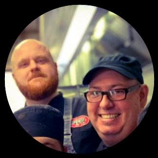 Steve Popp (glasses, foreground) and Josh Ronaldson (tall, ginger beard, behind) at Memphis Fire Barbeque Company